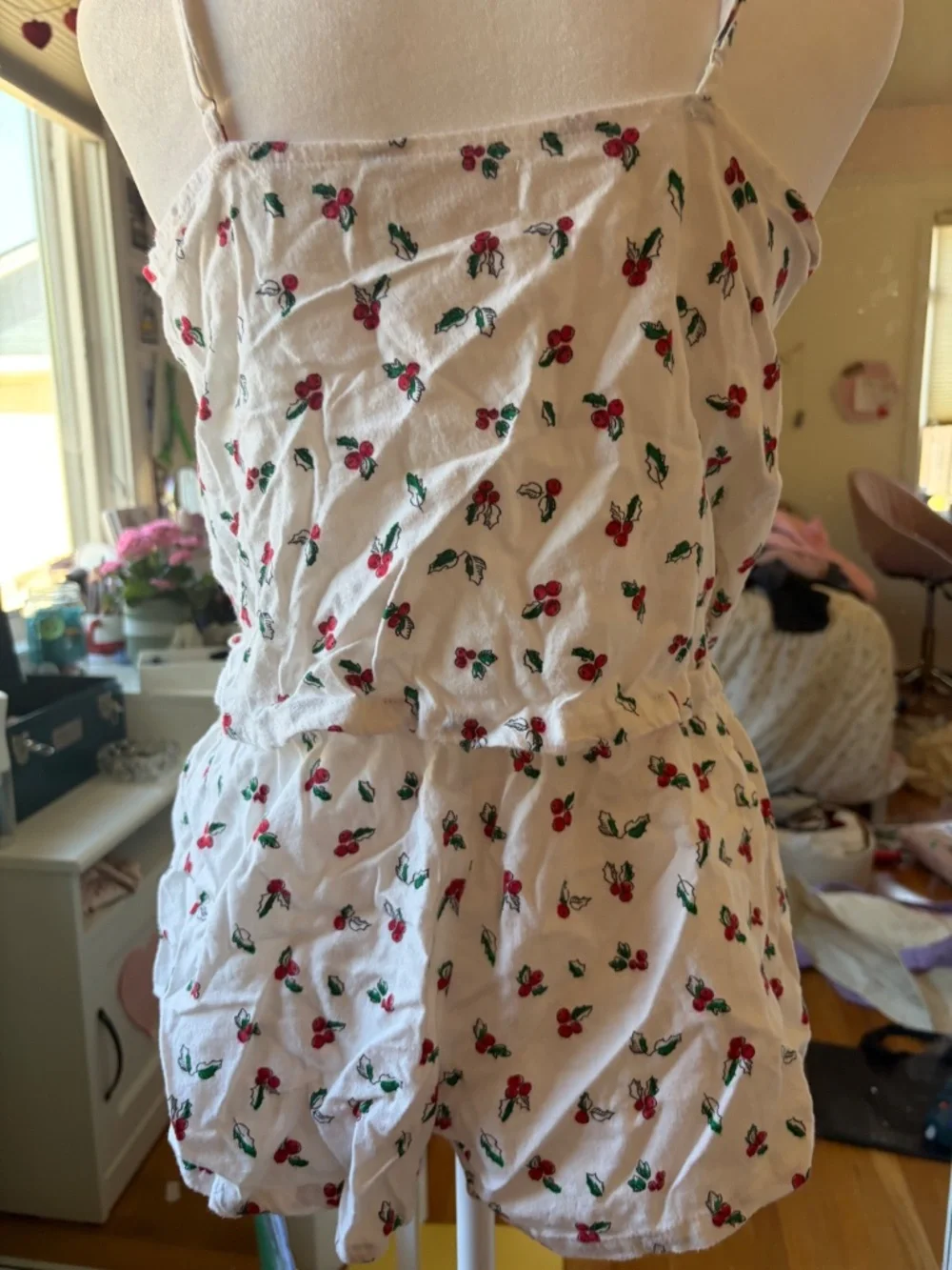 Colsie Cherry Holly Print Cami Pajama Set - Red Velvet Trim Small - Picture 7 of 7
